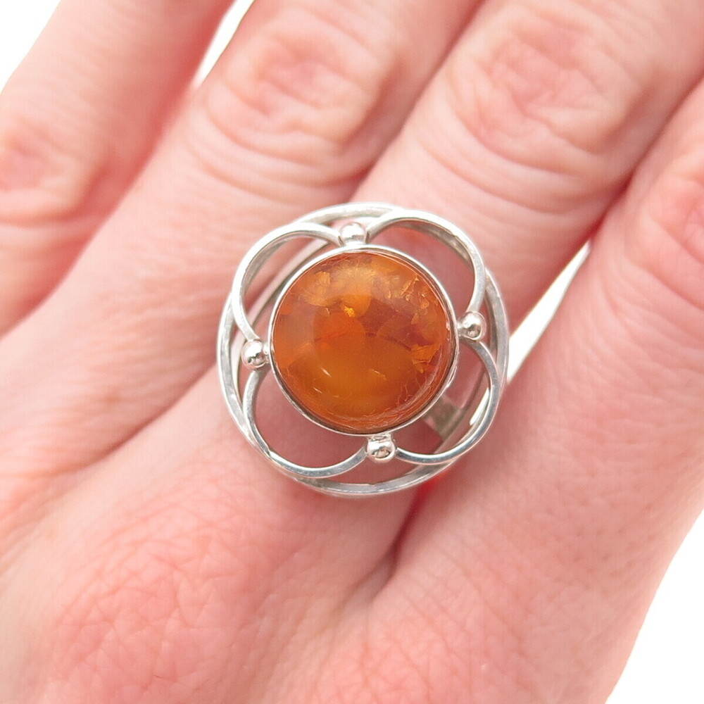 800 Silver Vintage AS Poland Real Amber Modernist Floral Ring Size 6.75